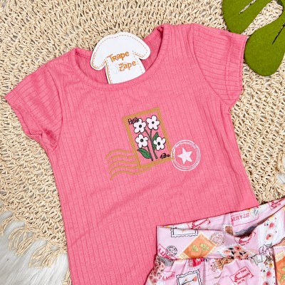 Conj. Blusa Canelada Flores Paris e Short Saia Cartão Postal - Rosa